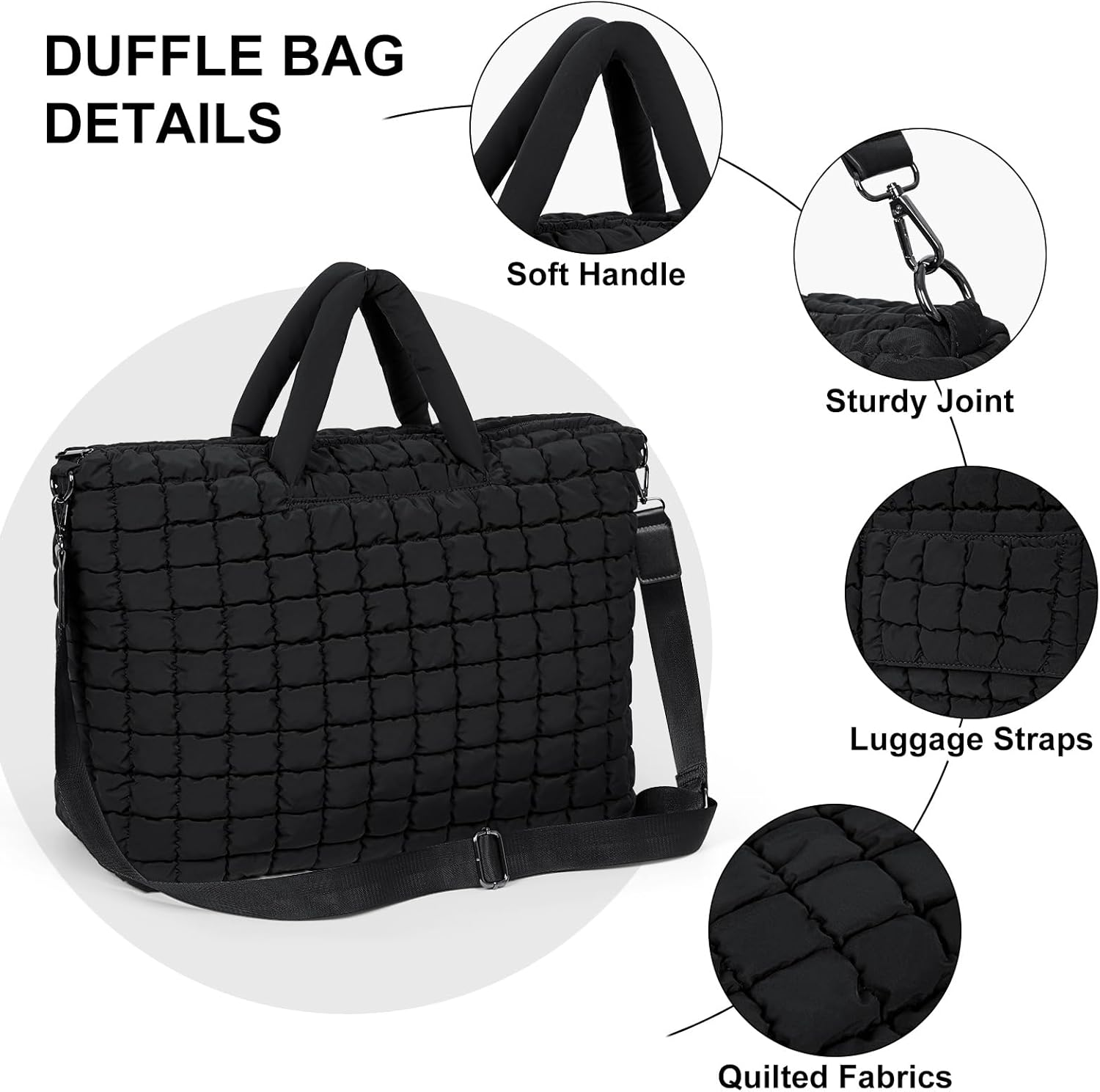 ANKICK Quilted Duffle Bag for Travel, Large Puffer Duffel Weekender Bags Soft Gym Tote, Big Puffy Carry on Luggage Overnight, Black, Contemporary - Beige image number 2