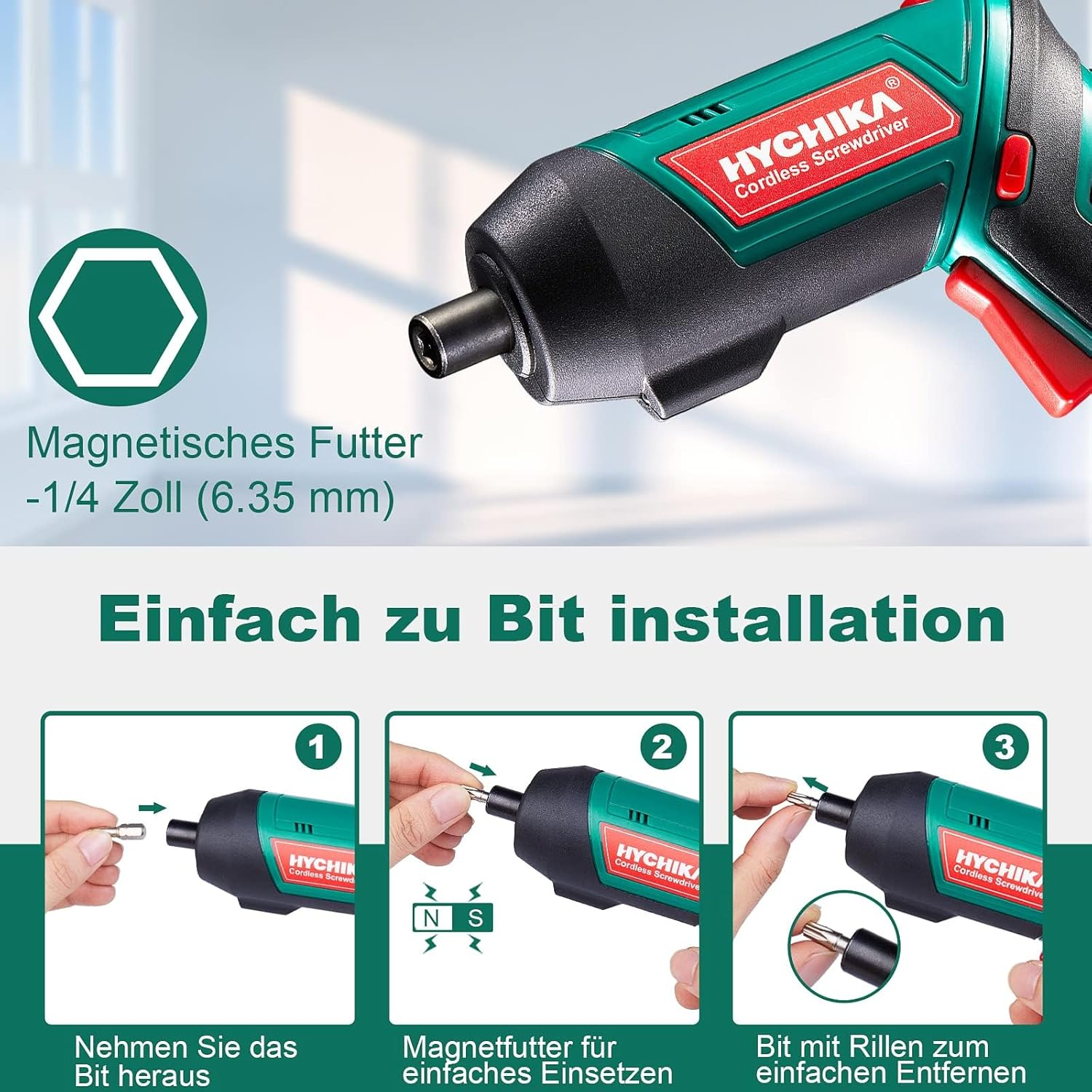 Hychika 3.6V Cordless Electric Screwdriver Gun with 20PCS Screwdriver Bits, 6Nm Screw Gun,Magnetic Chuck for Screws, 2 Position Handle with LED Light, for Home, Office, Workplace image number 6