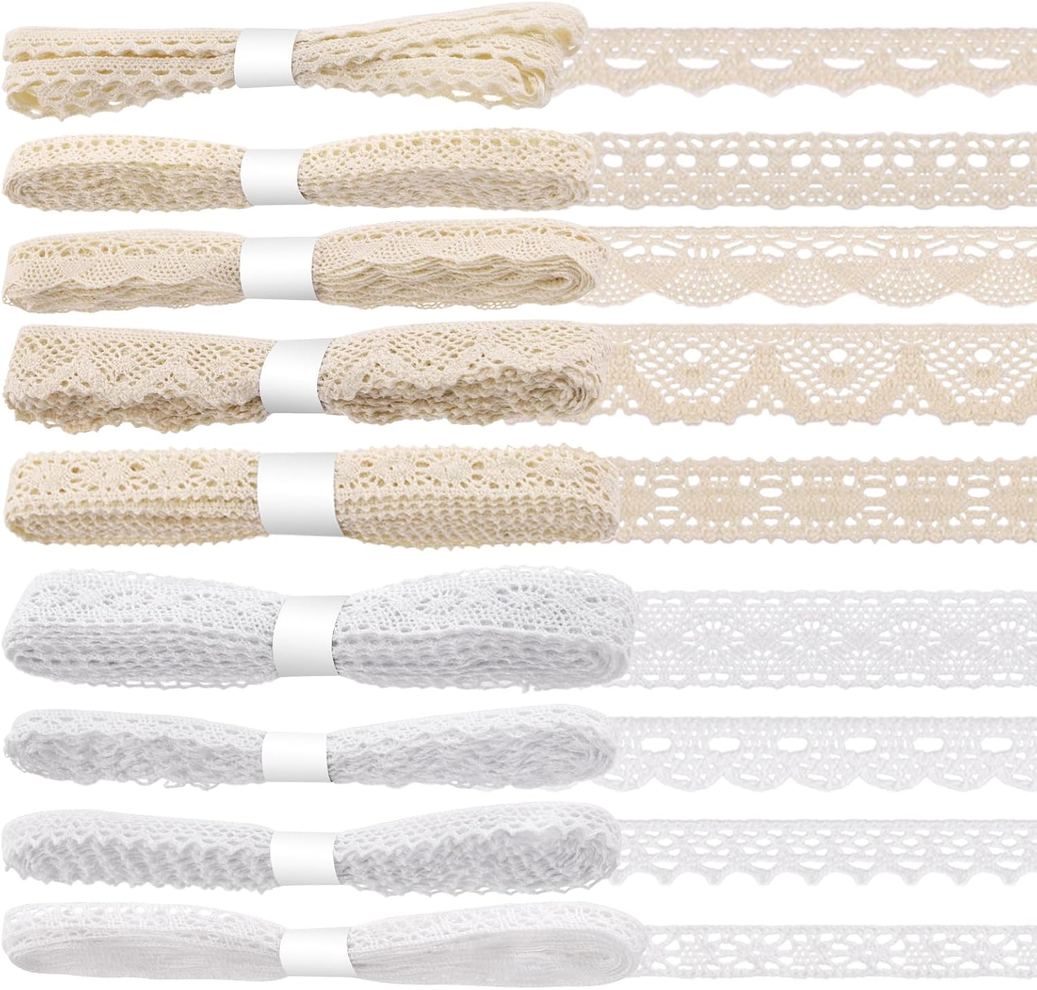 Glarks 9 Rolls 41M Cotton Lace Trim, 9 Styles Beige and White, Vintage Ribbon Cotton Lace Trim, Cotton Crochet Lace Ribbon, Craft Lace Crochet Sewing for Gift Package Wrapping, Wedding Decoration