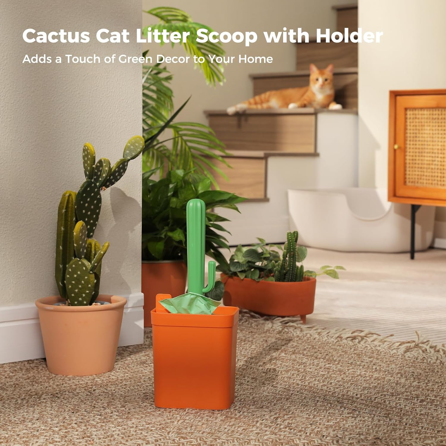 PAWZ Road Cactus Cat Litter Scoop with Holder - 2 Biodegradable Straw Plastic Shovel Heads & Durable ABS Handle and Box - Premium Cat Scooper with 1 Roll of Trash Bag, Cactus Green image number 2