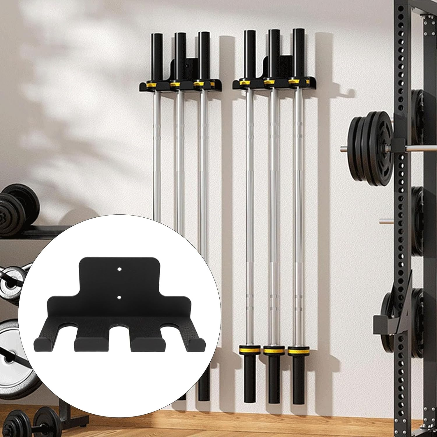 Wall Mounted Barbell Holder, Heavy Duty Carbon Steel Plate Barbell Storage Organizer with Rubber Pads Vertical Hanging Multi Purpose Barbell Storage Rack for Home Gym Accessory image number 6