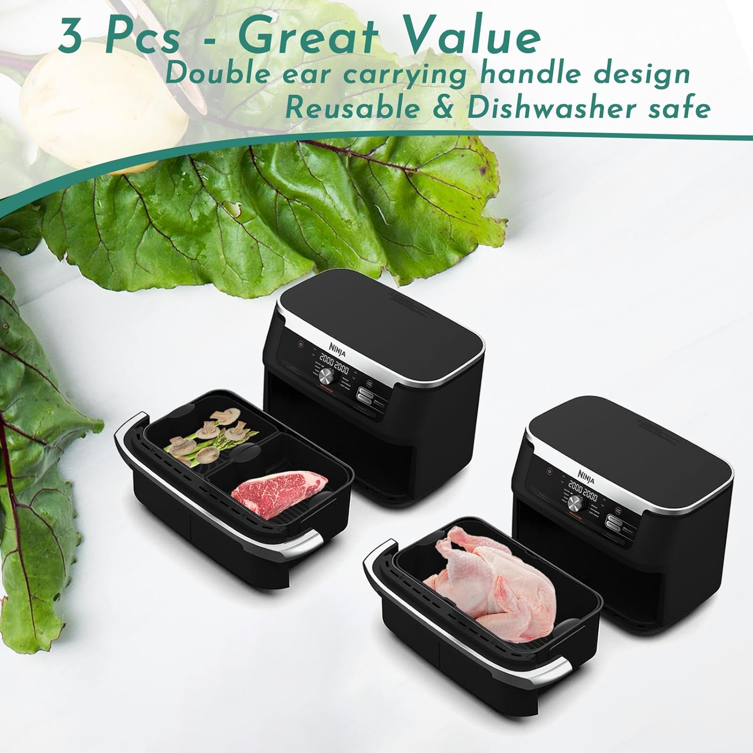 Marakruki 3Pcs Silicone Air Fryer Liners for Ninja AF500 XXXL, Reusable 10.4L Flexdrawer, 2 Pcs for Dual 5.2L Baskets + 1 Pcs for 10.4L Megazone Basket image number 6