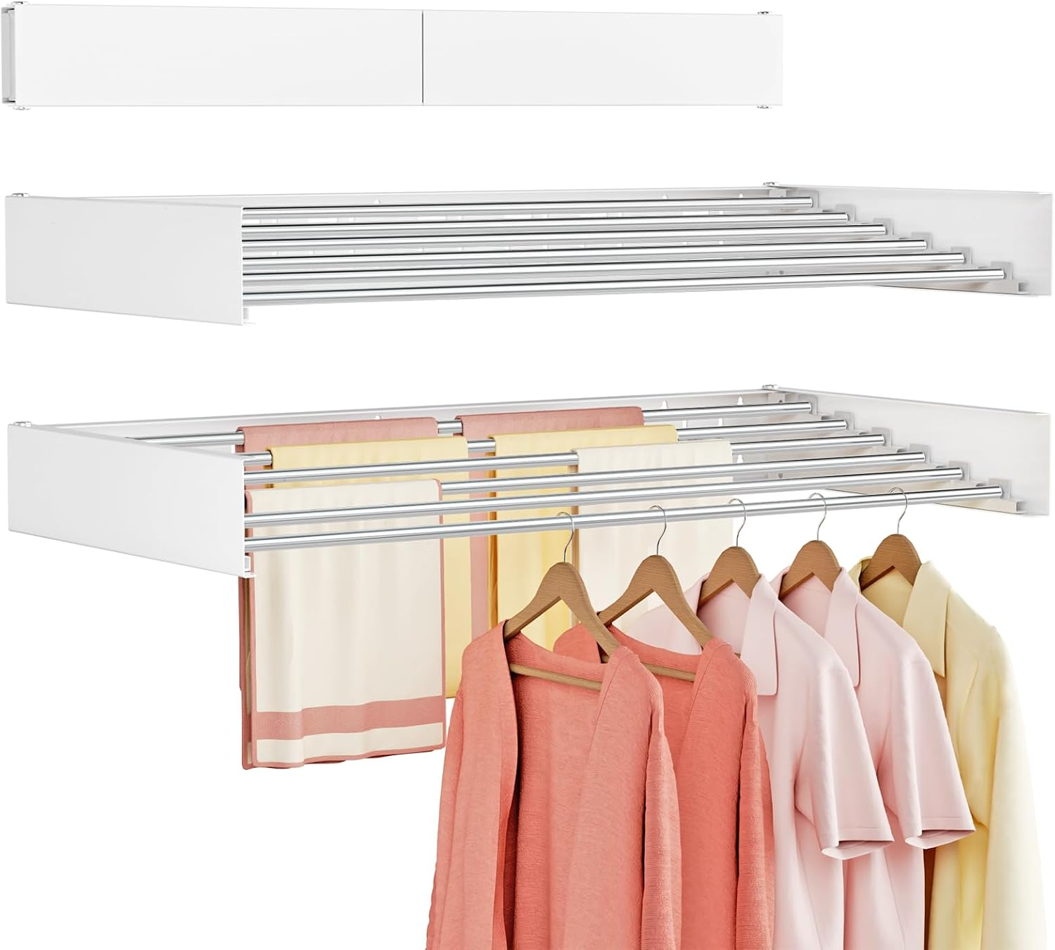 Vasunray Wall Mounted Clothes Drying Rack Folding Indoor, Foldable Laundry Drying Rack Collapsible,Invisible, Space Saving, Retractable Towel Drying Rack, with Wall Template(6 Drying Rods, White 40") image number 5