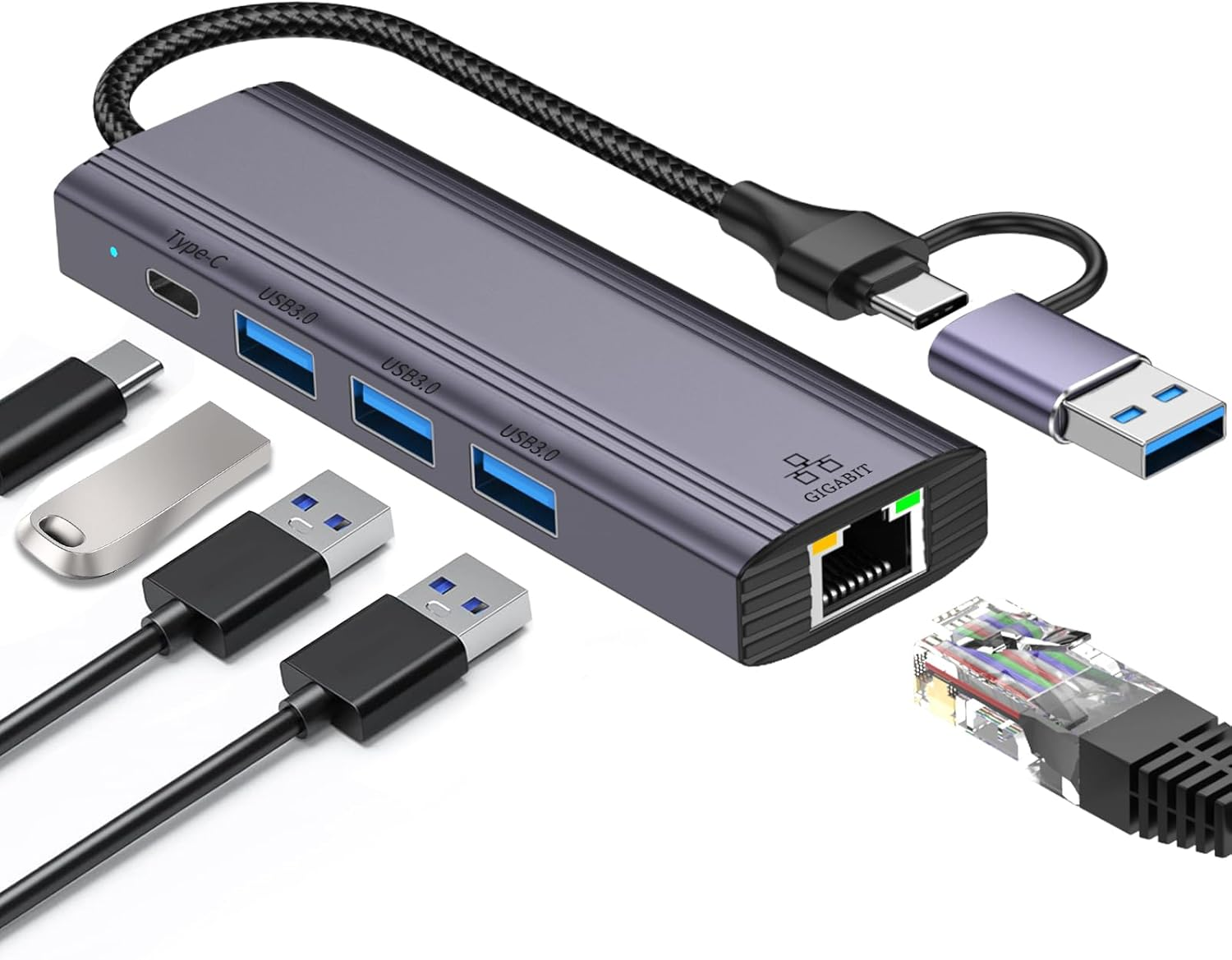 5-In-2 USB C to Ethernet Adapter 1000Mbps with 3*USB 3.0 & 1*USB C, USB 3.0 to RJ45 Gigabit LAN Network Adapter Nylon Braided & Aluminum Alloy Ethernet Hub for PS4/5, Ipad, Macbook, Surface, Dell XPS image number 6