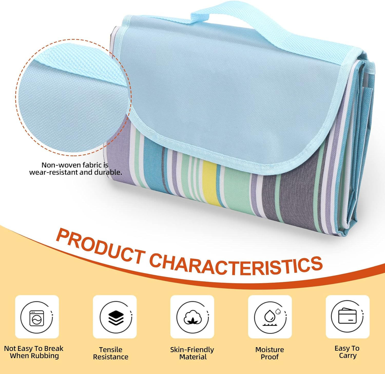 Tanstic Outdoor Picnic Blanket, 79" X 79" Extra Large Waterproof Foldable Beach Mat with Carry Strap for Camping Park (Blue Stripes) image number 6