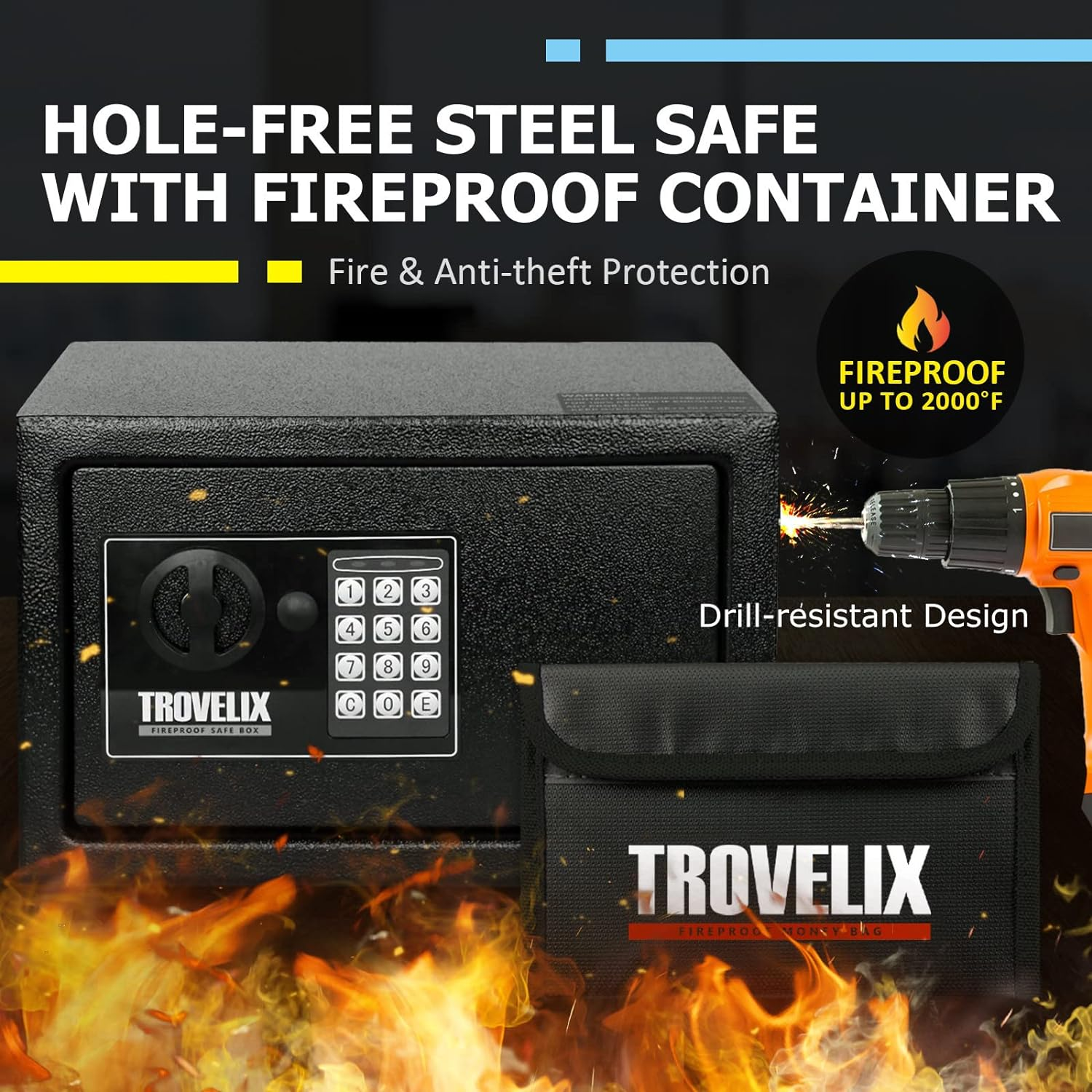 Safe Box for Home (0.4 Cubic Feet) with Fireproof Bag and Light, Keypad and Key Lock, Money and Cash Saving, Personal Use image number 3