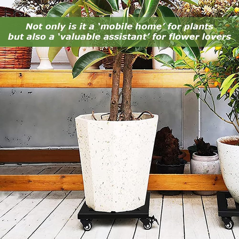 Heavy Duty Plant Caddy with Wheels - Black Square Rolling Holder, Portable Gardening Trolley, with 360&deg; Swivel Round, Rustproof Steel Frame for Garden & Patio (30X30X8Cm) image number 3