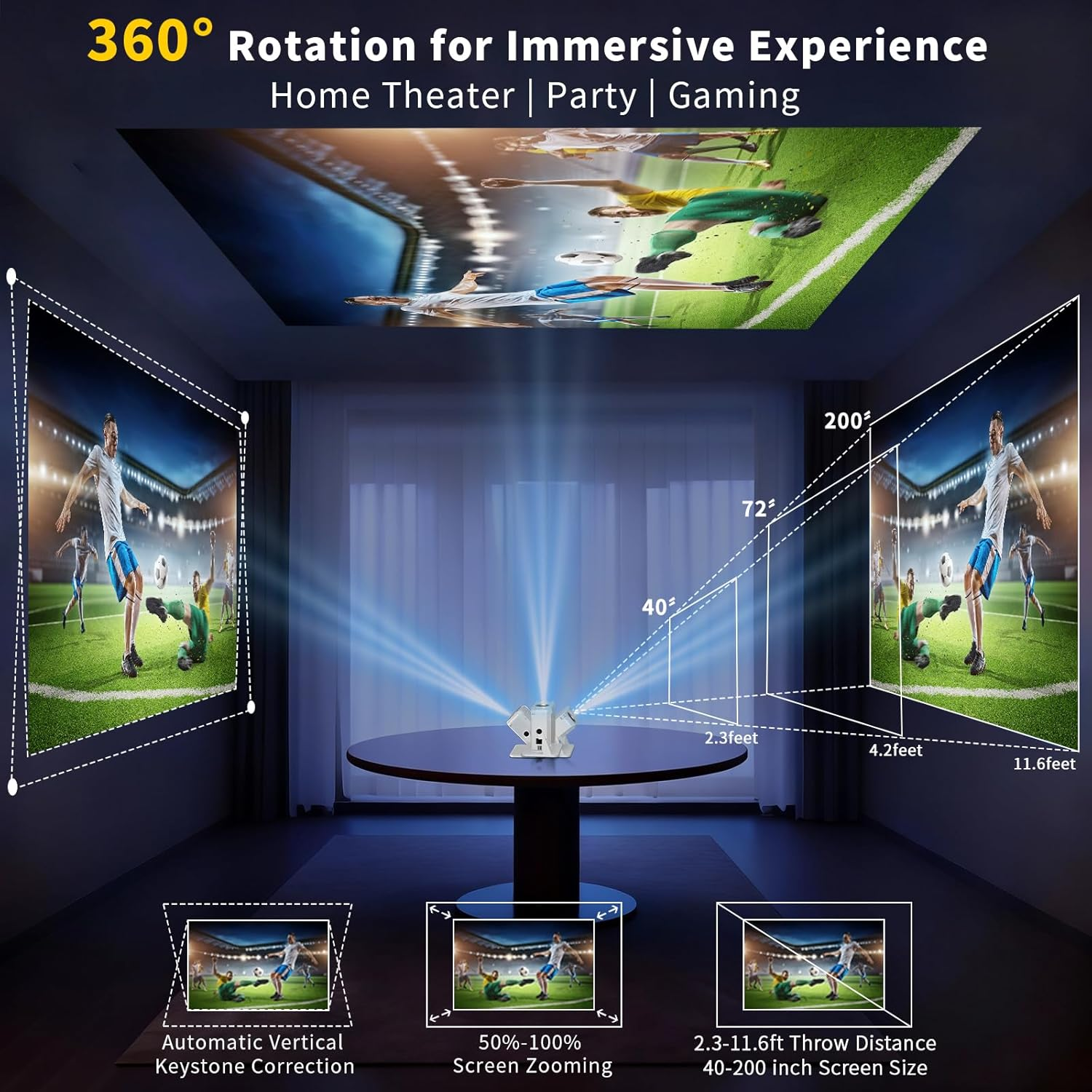 Laimio 1080P & 4K Supported Projector with Projector Screen, Auto Keystone Correction & 360&deg; Rotation, Wifi6 & BT5.4 Portable Mini Projector for Home Cinema, Outdoor Movie and Room Entertainment-White