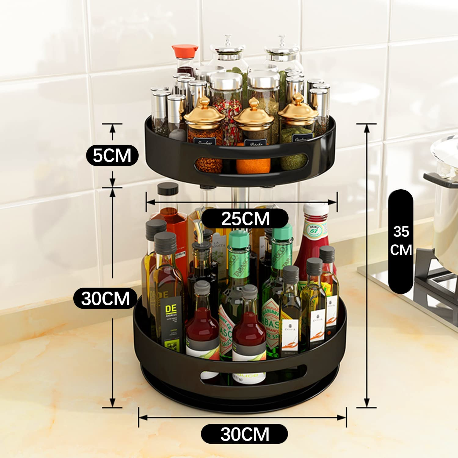 2 Tier Lazy Susan 360&deg; Turntable Kitchen Spice Storage Organizer Rack, Height Adjustable Rotating Tray for Kitchen Cabinet Pantry Bathroom, Condiments Storage Rack image number 6