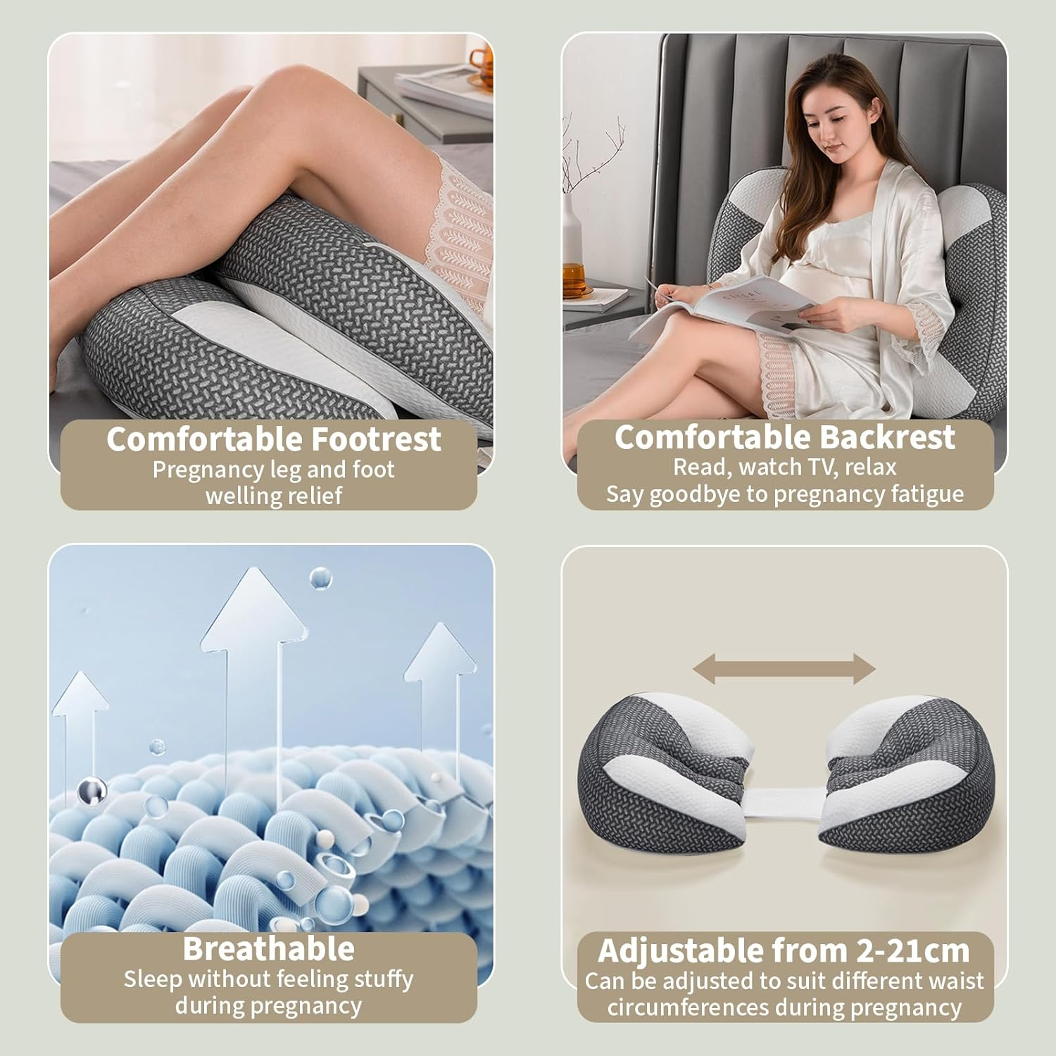 Pregnancy Pillow, U-Shape Adjustable Maternity Pillow, 30&deg; Tilt Support for Back & Belly, Breathable Cover, 2-21Cm Width Adjustment for Pregnant Women image number 4