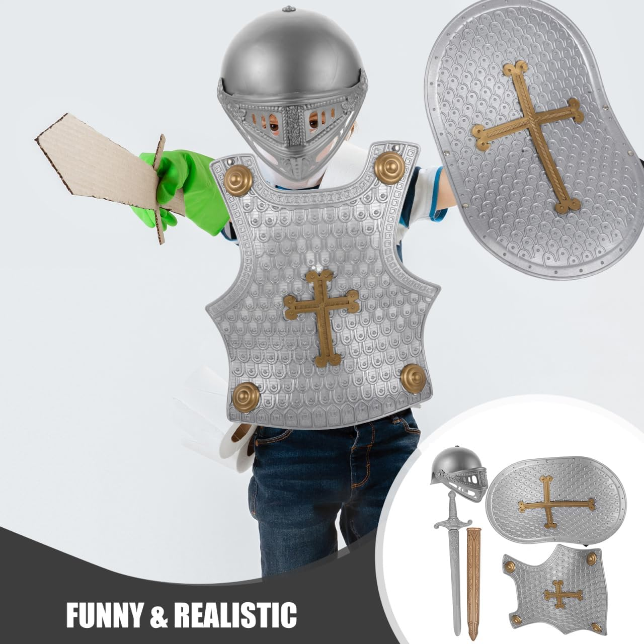 Retro Armor Set for Kids - Realistic Roman Knight Costume with Breastplate and Shield for Dress up Play - Interactive Fun for Boys and Girls image number 1