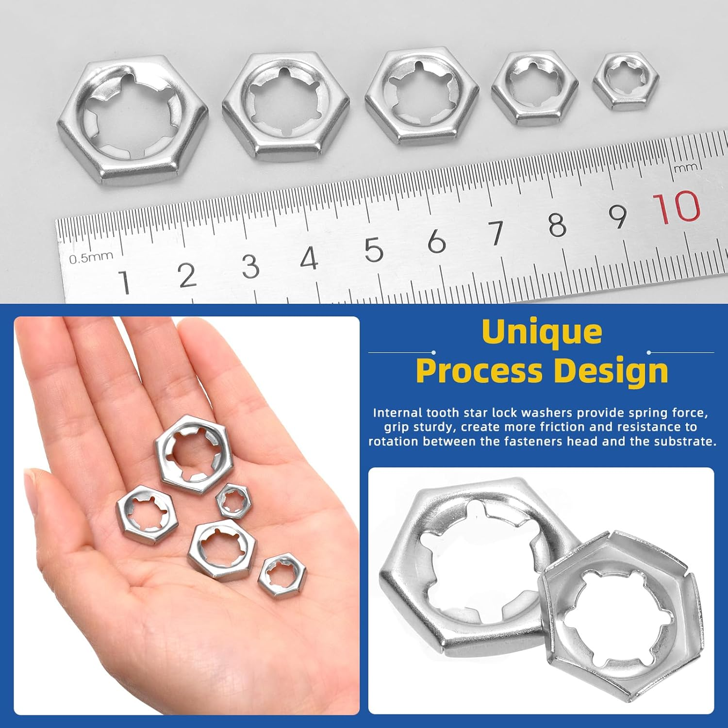 Glarks 105Pcs M6 M8 M10 M12 M14 Push on Lock Nuts Assortment Kit, 304 Stainless Steel External Push Rings Nuts, Quick Speed Locking Nut, Internal Tooth Star Lock Nut for Shaft and Stud - Silver image number 2