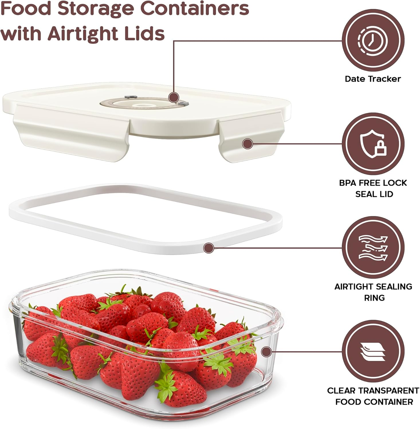 Unique Impression 5 Pack 1040Ml Glass Vacuum Food Storage Containers with Date Tracker & Pump - Airtight Vacuum Containers with Lids - Oven,Microwave and Fridge/Freezer Safe - Leak Proof image number 3