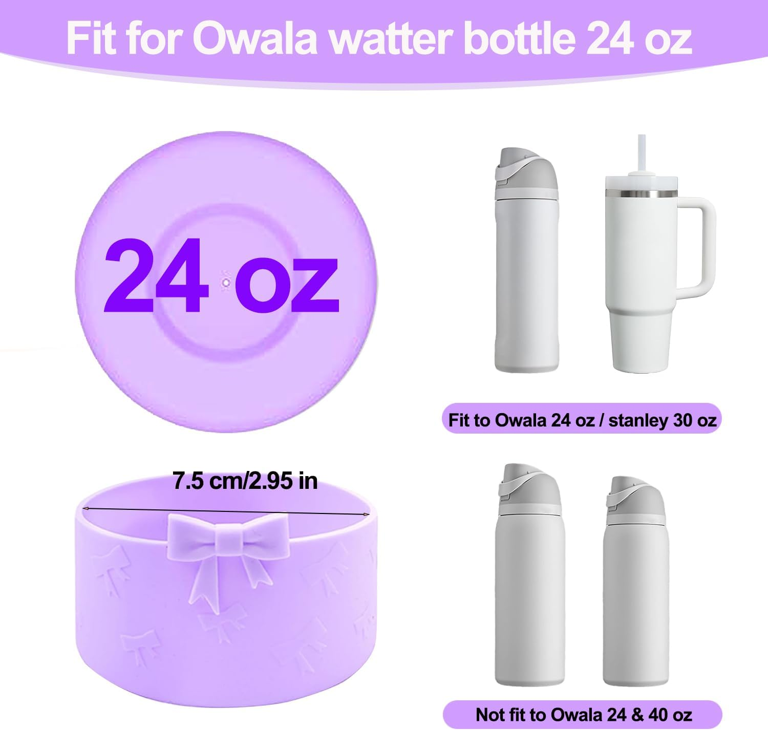 Cup Accessories for Owala Water Bottle 24/32/40Oz,Bow Charm、Bow Handle Strap and Water Bottle Boot for Owala Accessories and Stanley Cup Accessories Fits Owala Tumbler, Owala Freesip (Purple, 24 Oz) image number 7