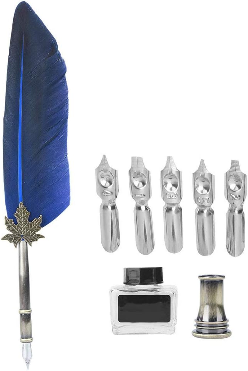 Feather Quill Pen Set, Retro English Calligraphy Dip Pen with 5 Alloy Nibs Antique Set Luxury Vintage Signature Lightweight Writing Ink Stationery Gift Box for Friend Teacher Family(Blue) - Orange image number 6