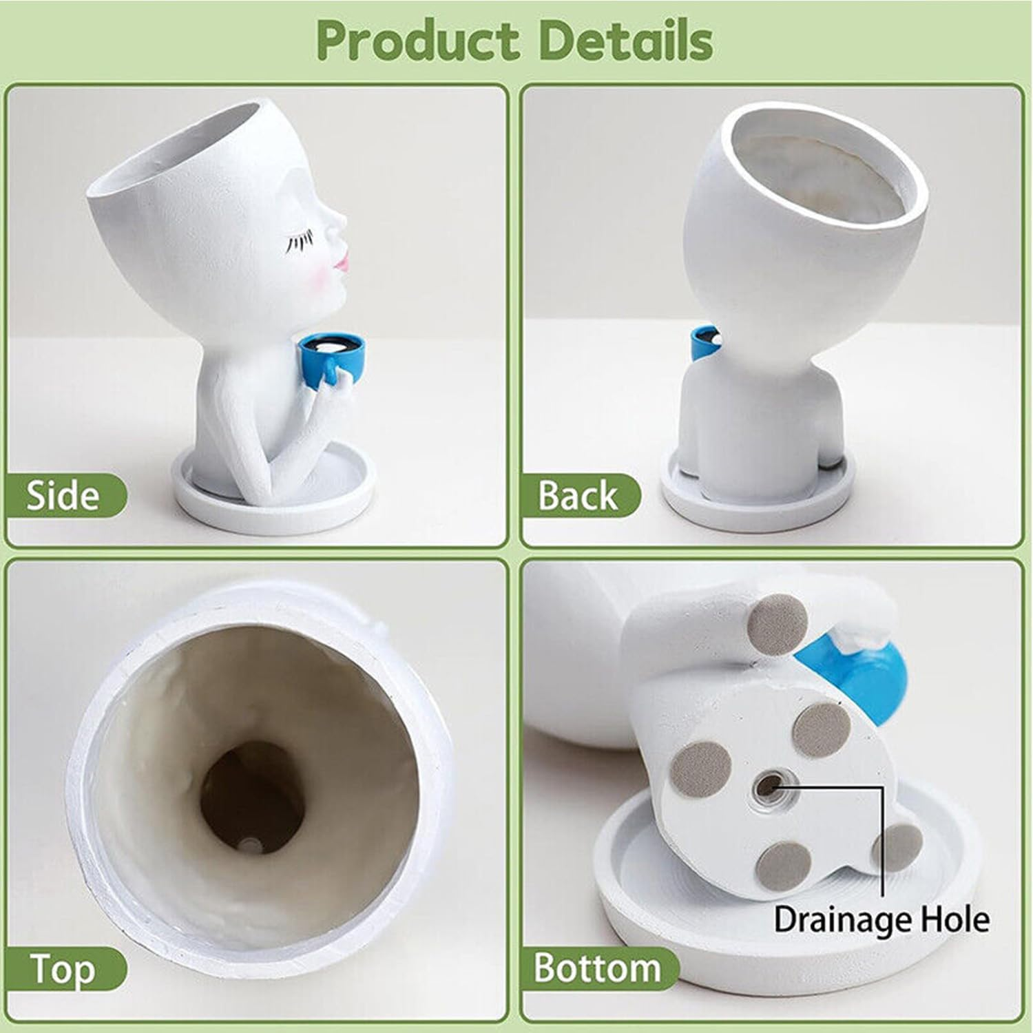 Face Flower Pot Head Planter, Cute Resin Face Planters for Indoor Outdoor Plants, Funny Succulent Planters Plant Pot Face Vase with Drainage Hole and Tray for Home Garden Cactus image number 1