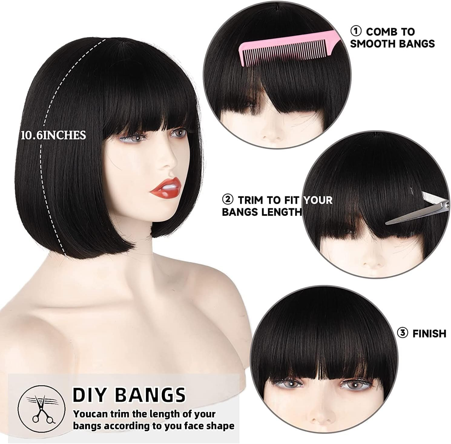 Creamily Black Short Bob Wig,Straight Black Bob Wig with Bangs, 12 Inch Straight Bob Bangs for Women Natural Looking for Party Halloween Costume Cosplay Party Daily Use image number 4