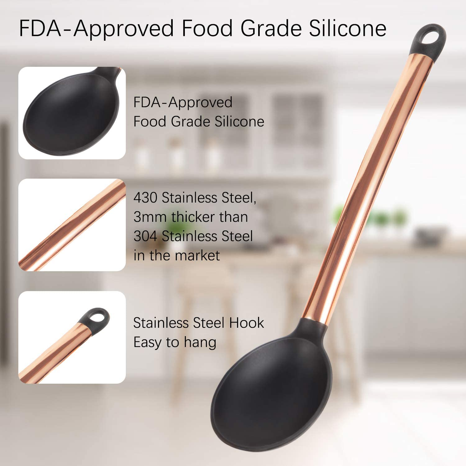 MIBOTE 19Pcs Silicone Cooking Kitchen Utensils Set with Stainless Steel Handle and Holder, Bonus High Value Stainless Steel Measuring Spoons