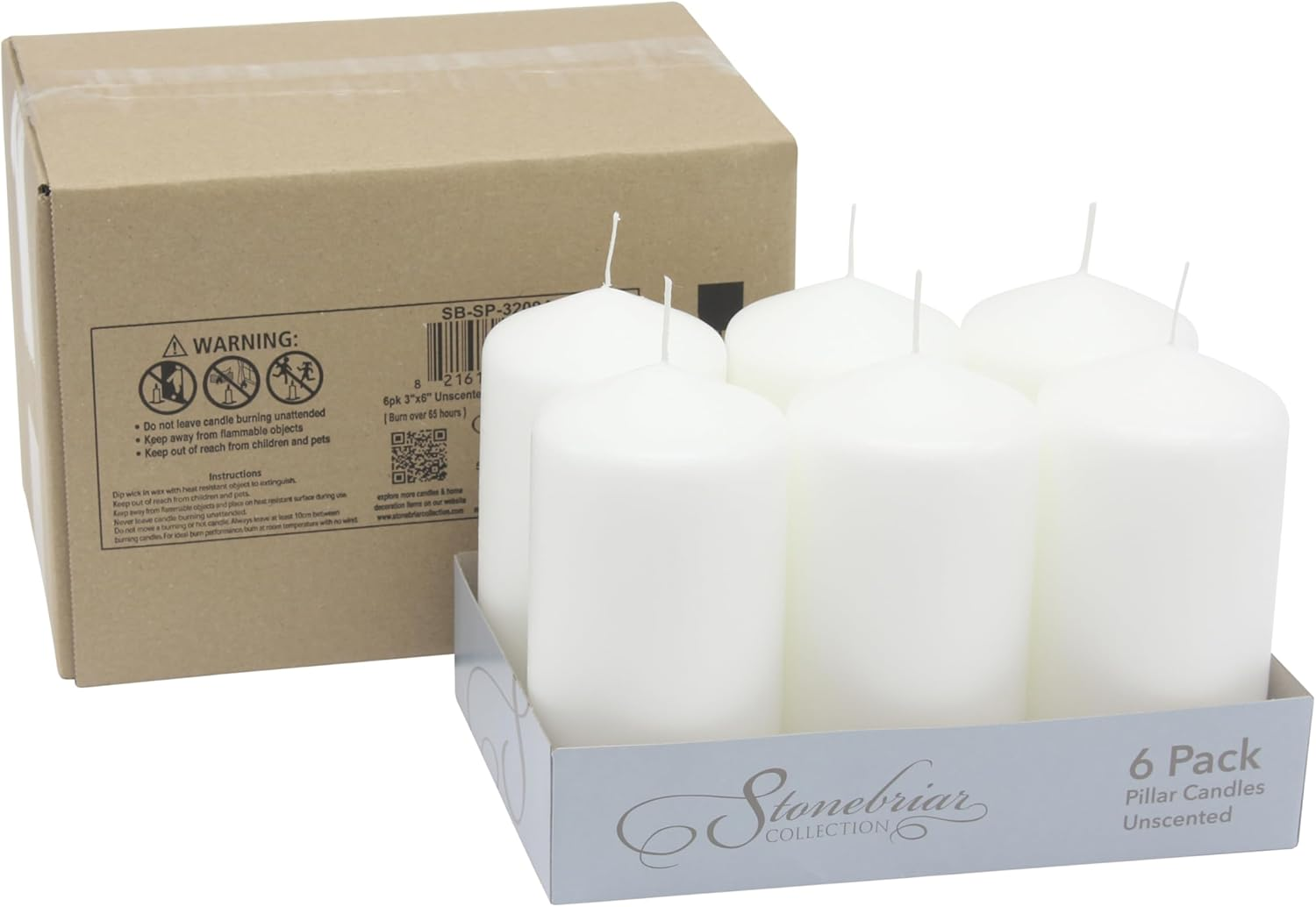 Stonebriar 6 Count Tall 3 X 6 Inch 65 Hour Long Burning Unscented White Wax Pillar Candles