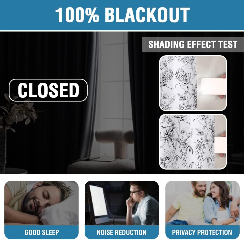 H.VERSAILTEX 100% Blackout Curtains for Living Room Camellia Floral Light Blocking Window Treatment Curtains with Black Liner Grommet Thermal Drapes, 2 Panels Set, Each W132Cm X D213Cm, Black