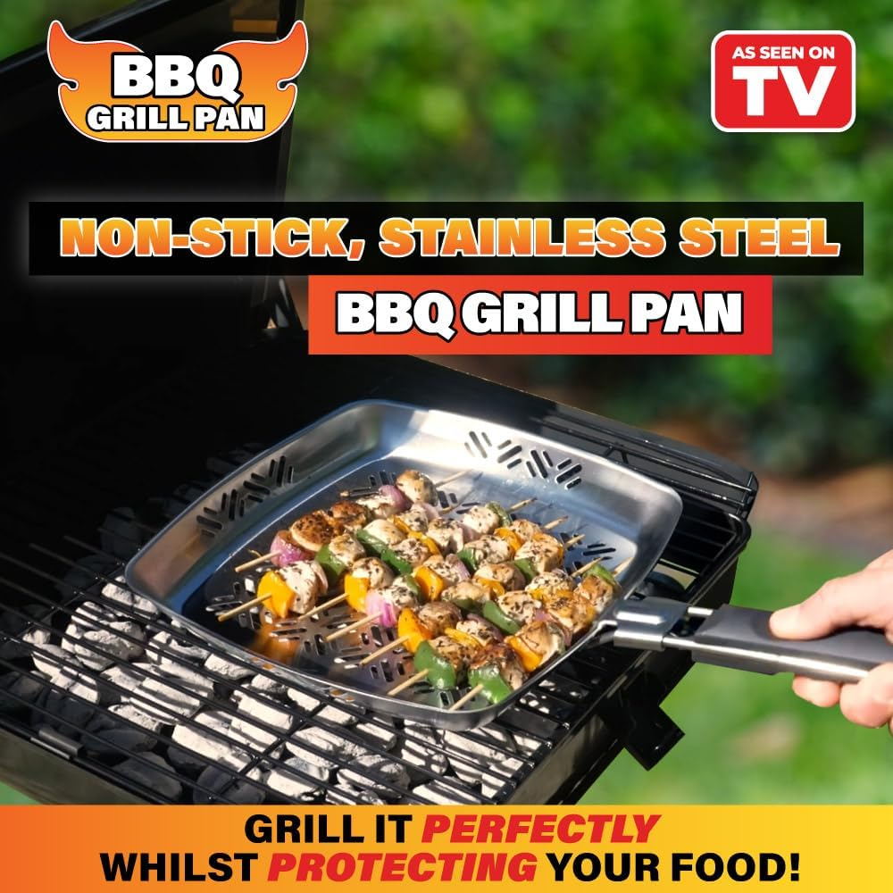 BBQ Grill Pan, Non-Stick, Stainless Steel Pan for Bbqs and Grills, Withstands High Temperatures, Square Design, Detachable Handle, Cooks Evenly image number 2