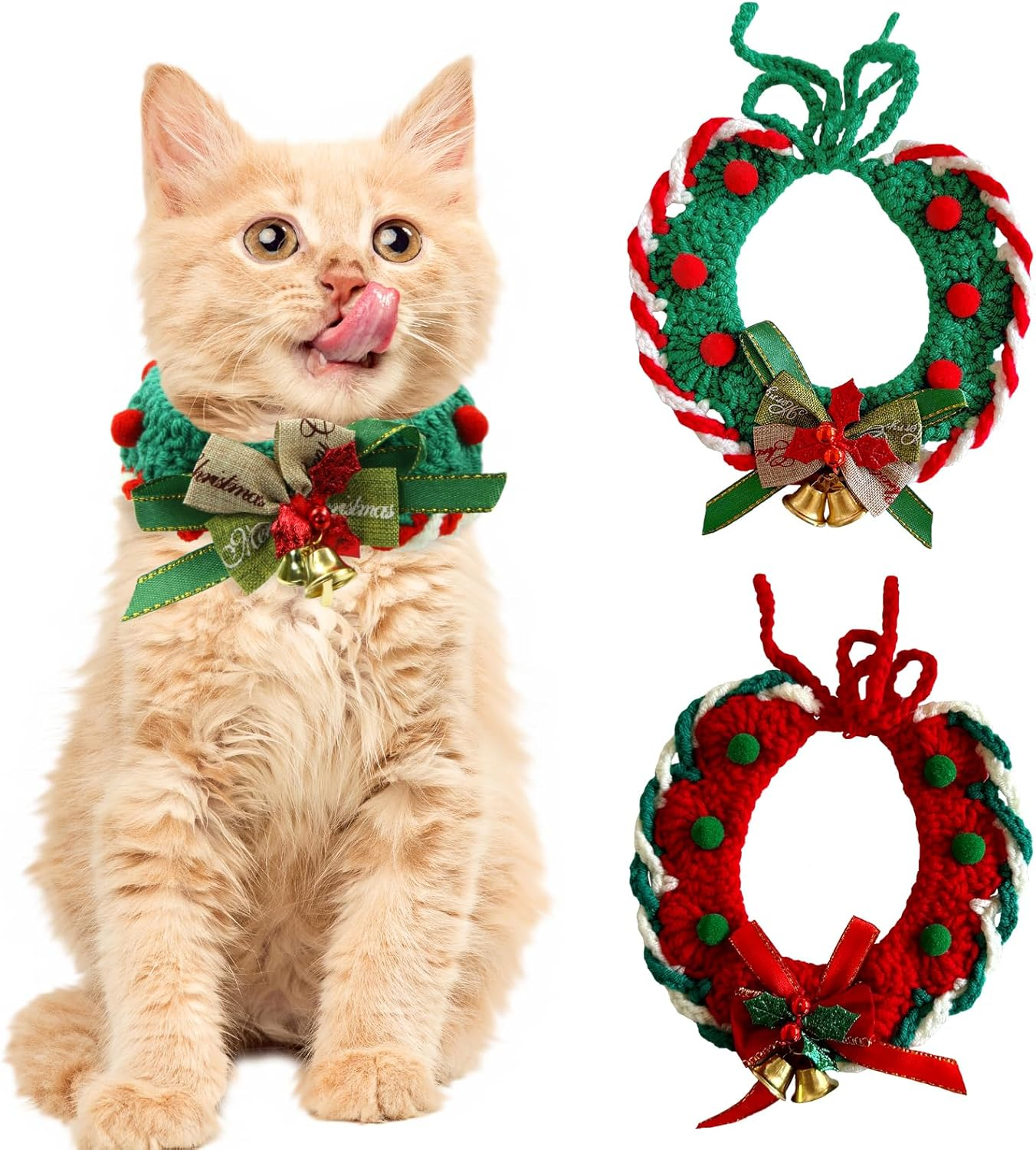 2 Pcs Christmas Collar with Bells Handmade Knitted Crochet Breakaway Scarf Collar for Cat and Puppy Adjustable Cute Woven Collars Necktie for Kittens Small Pets Accessories Christmas Costume Outfits