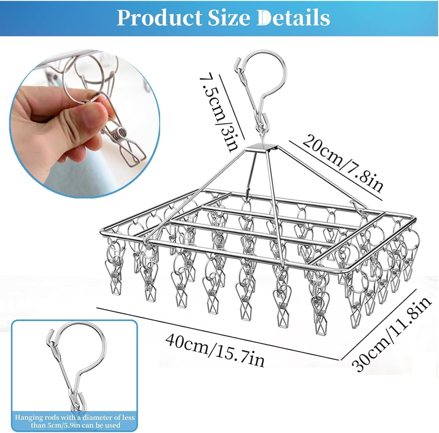 Clothes Drying Rack with 40 Clips,Stainless Steel Laundry Clothesline Hanging Rack, Anti-Wind Drying Clothes Hanger Hook, Drip Hangers Clothes Drying Rack for Underwear Towel Scarves Socks (Silver) image number 4