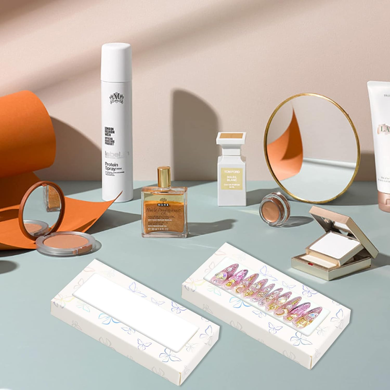 HLQHXWHZT 71 Pcs Empty Press on Nails Packaging Box 35 Pcs White Background Papers and 1 Double Sided Tape, Empty Nail Package Box Set for Press on Nail Business (White)&hellip; - Black Square image number 7