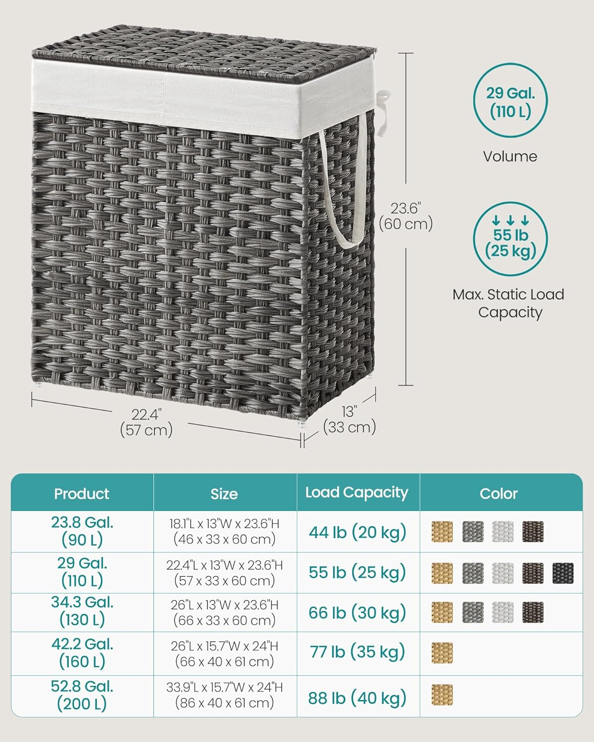 SONGMICS Laundry Hamper, 29 Gal (110L) Divided Laundry Basket with Removable Liner Bag, Synthetic Rattan Handwoven, with Lid and Handles, Foldable, 22.4 X 13 X 23.6 Inches, Gray ULCB52WG
