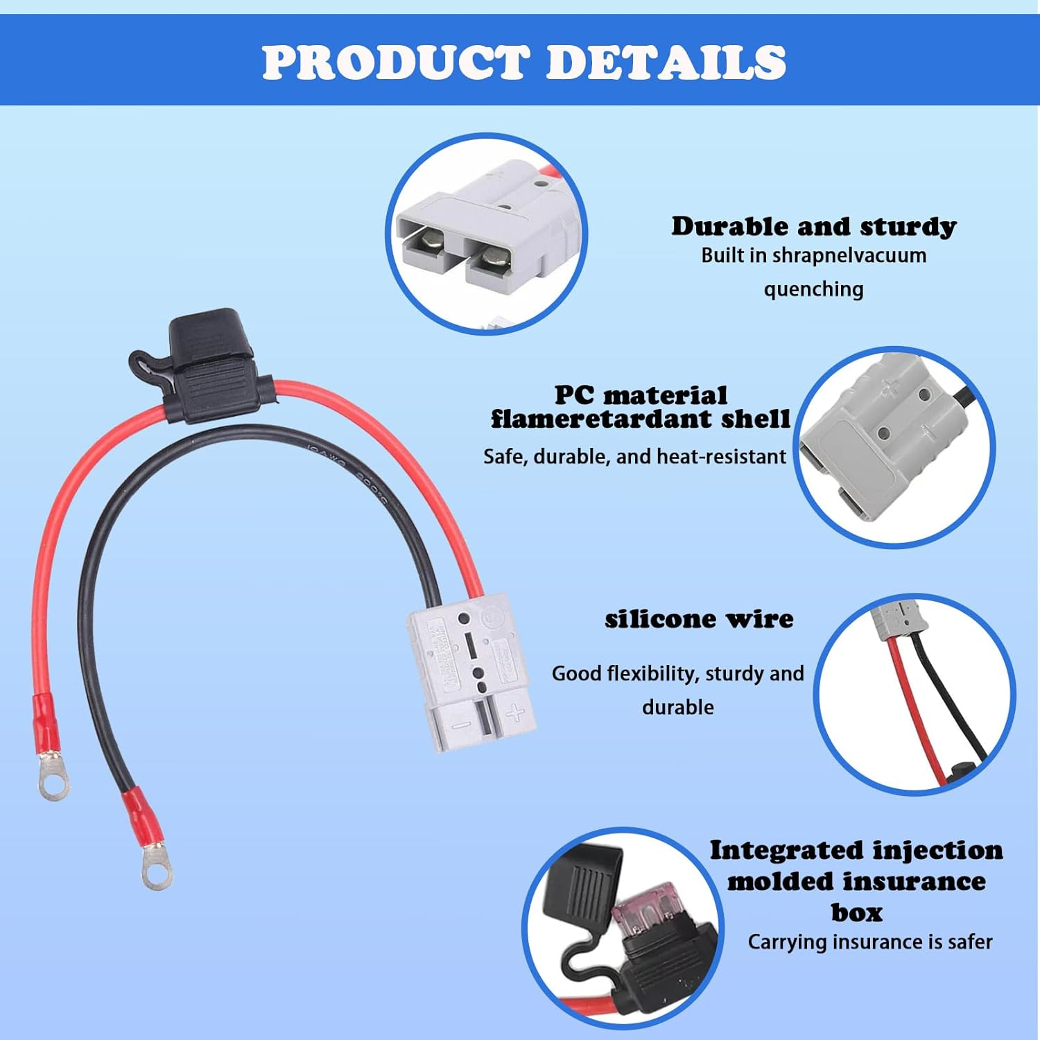 Fused Anderson Plug Connector Lead, 2 Pcs Anderson Plug Extension Cable, Kit with 50Amp Adapter to 6Mm Lugs, 30CM Waterproof Battery Cables Quick Connectors for Battery Power Transfer