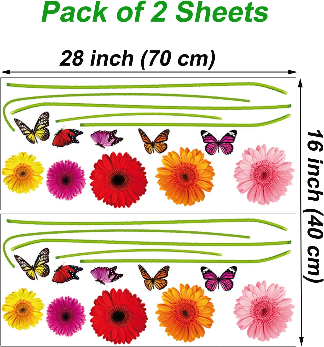 Maydahui 2 Sheets Gerbera Daisy Flowers Wall Decal 3D Floral Butterfly Wall Stickers (30*37 Inch) Peel & Stick Removable Modern Art Mural Decor for Kitchen Kids Bedroom Living Room( Pink,Red,Yellow,Orange)
