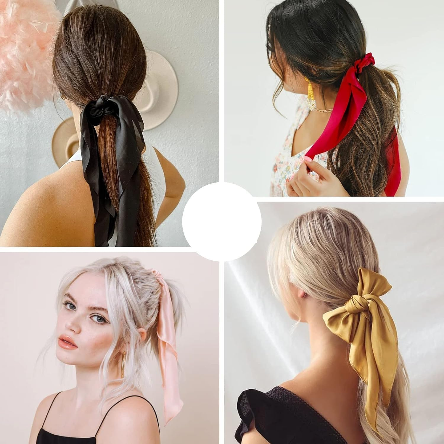 2 PCS Hair Scrunchies Scarf Hair Ribbon Satin Silk Elastic Hair Tie Bow Bands Ponytail Holder Accessories for Women Girls (White, One Size) image number 4