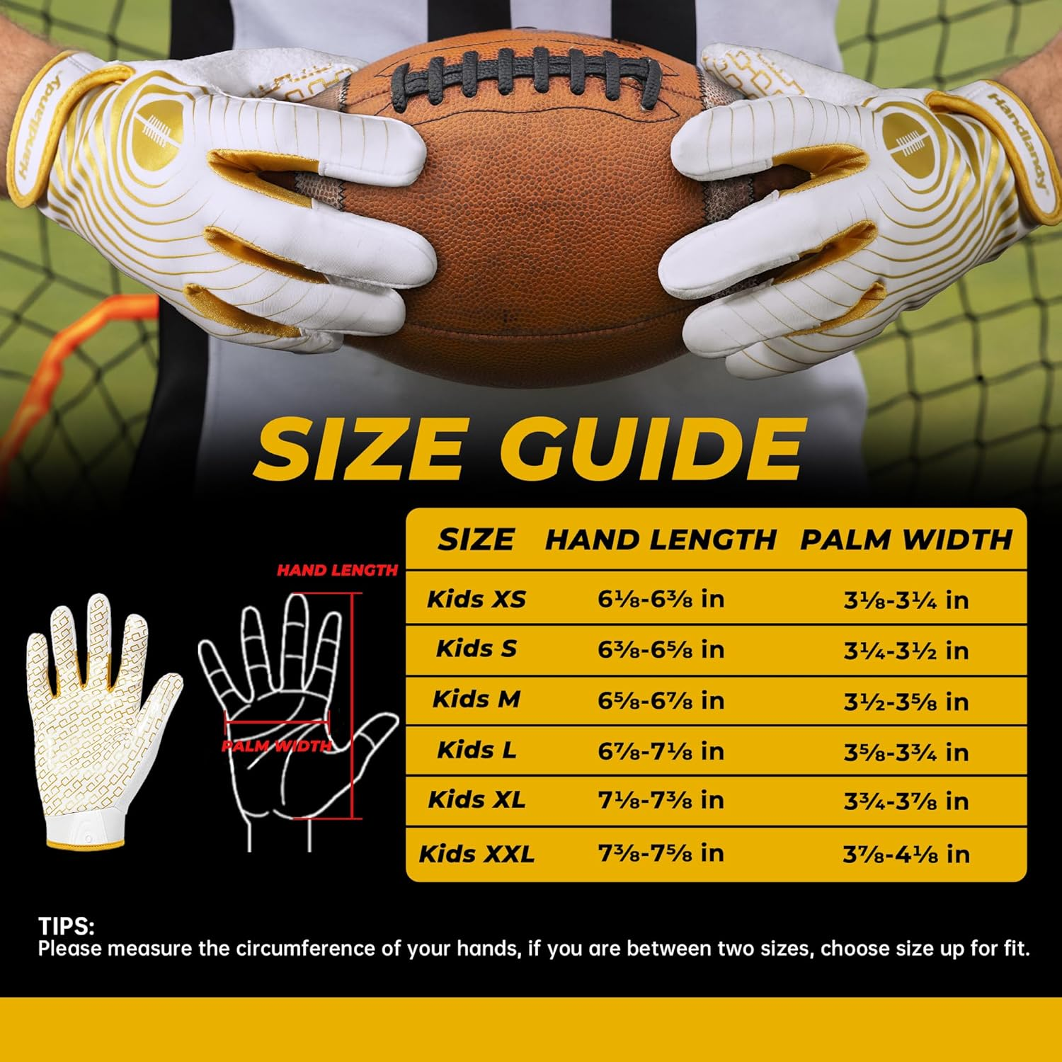 HANDLANDY Youth Football Gloves, Sticky Wide Receiver Gloves for Kids & Adult, White and Gold Stretch Fit Football Gloves (Small) image number 2
