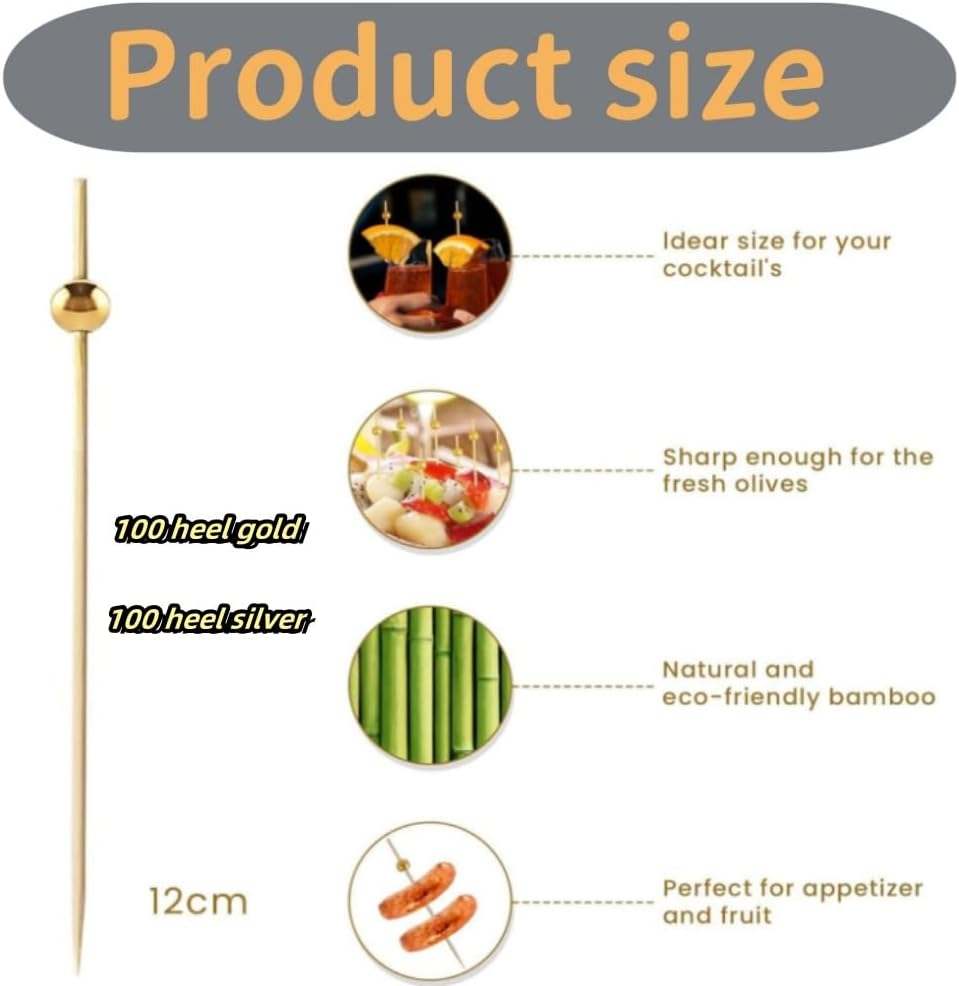 Jindizi 200PCS Cocktail Picks, Decorative Skewers for Appetizers Drinks Party Fruit, 4.7 Inch Long Wooden Bamboo Gold Ball Food Sticks Charcuterie Boards Accessories image number 2