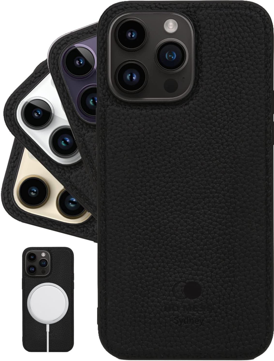 NO MESS Sydney Iphone 14 Pro Max Genuine Pebbled Leather Case Compatible with Magsafe，Mobile Phone Case Handcrafted,Slim Back Cover (Black)