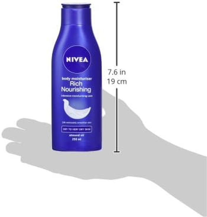 NIVEA Rich Nourishing Body Lotion 250Ml | with Pure Hyaluron & Almond Oil | Deeply Nourished Skin for 72-Hours | Fast-Absorbing Formula | Moisturiser for Dry to Very Dry Skin - 250 Ml (Pack Of 1) image number 5