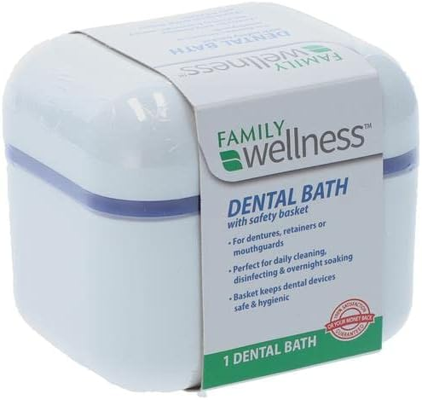 Family Wellness Denture Case, Denture Cup with Strainer Safety Basket, for Dentures, Restrainers, or Mouthguards