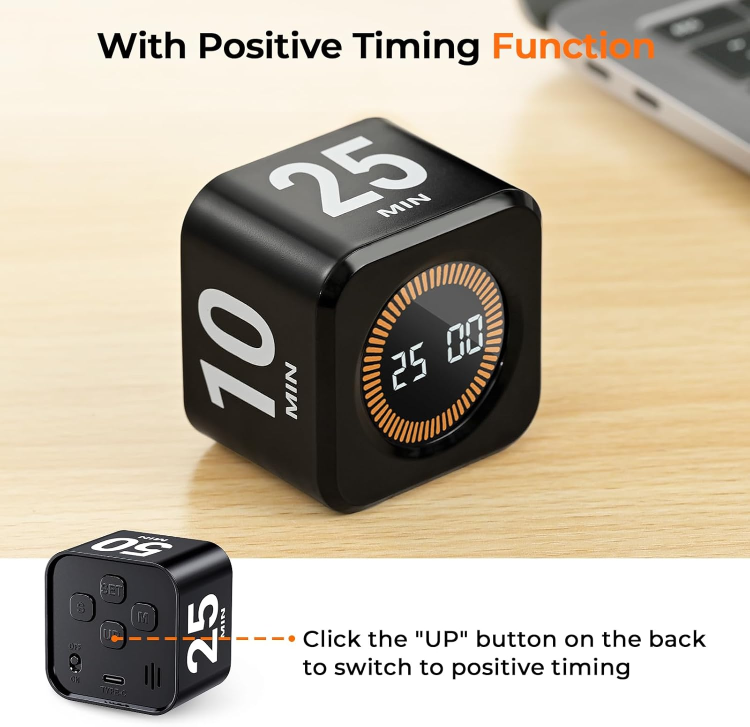Eoocoo Visual Pomodoro Timer, Gravity Cube Productivity Timer, ADHD Tool, 4 Preset Time (5/10/25/50 Min), Rechargeable, Visual Display & Countdown/Up Ring for Kitchen Office Work Study