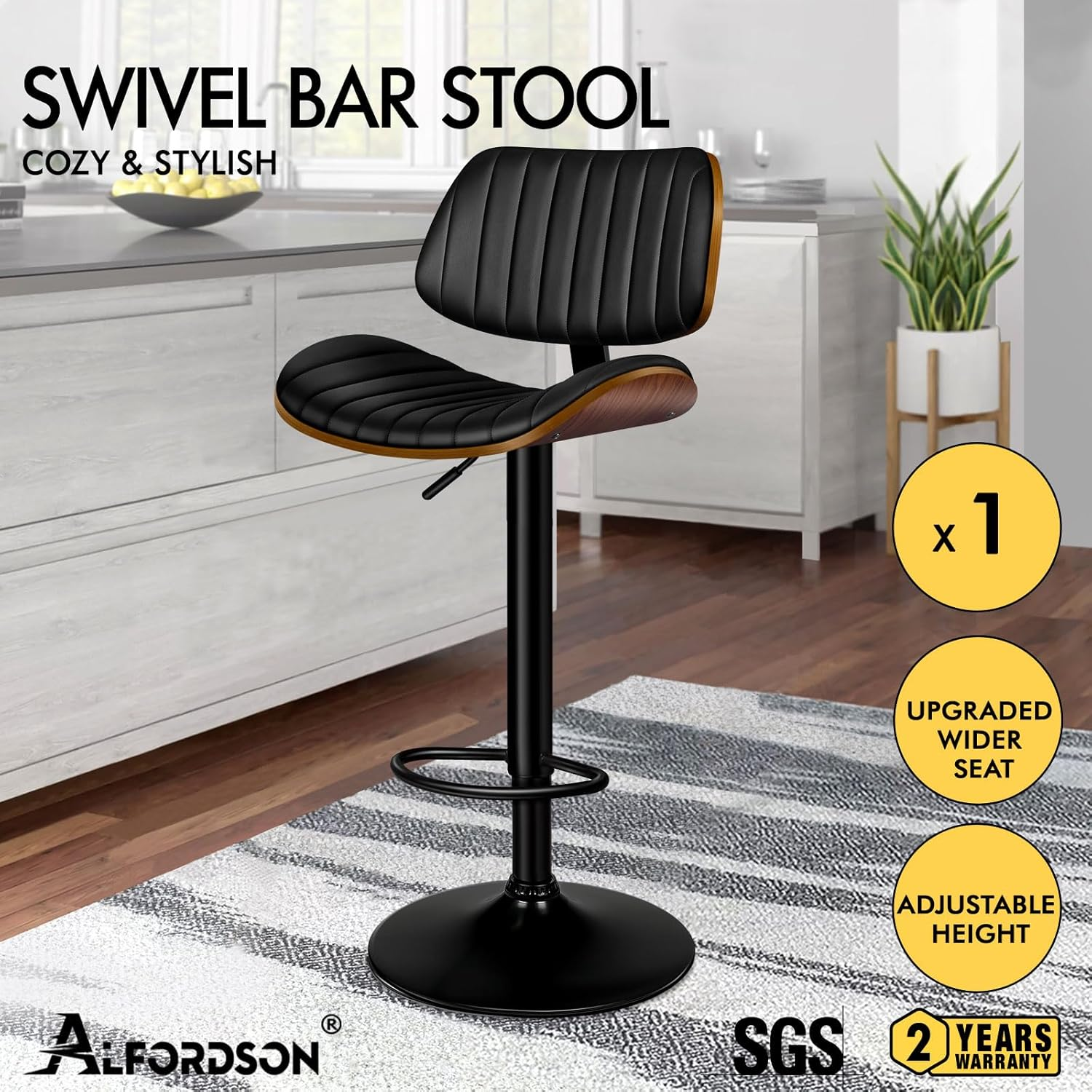 ALFORDSON Bar Stool, Adjustable Kitchen Stool, Swivel Counter Barstool, Wooden Dining Chair in 63-83Cm Seat Height with Anti-Slip Floor Protector for Home Bar Dining Room, Lizzy Black