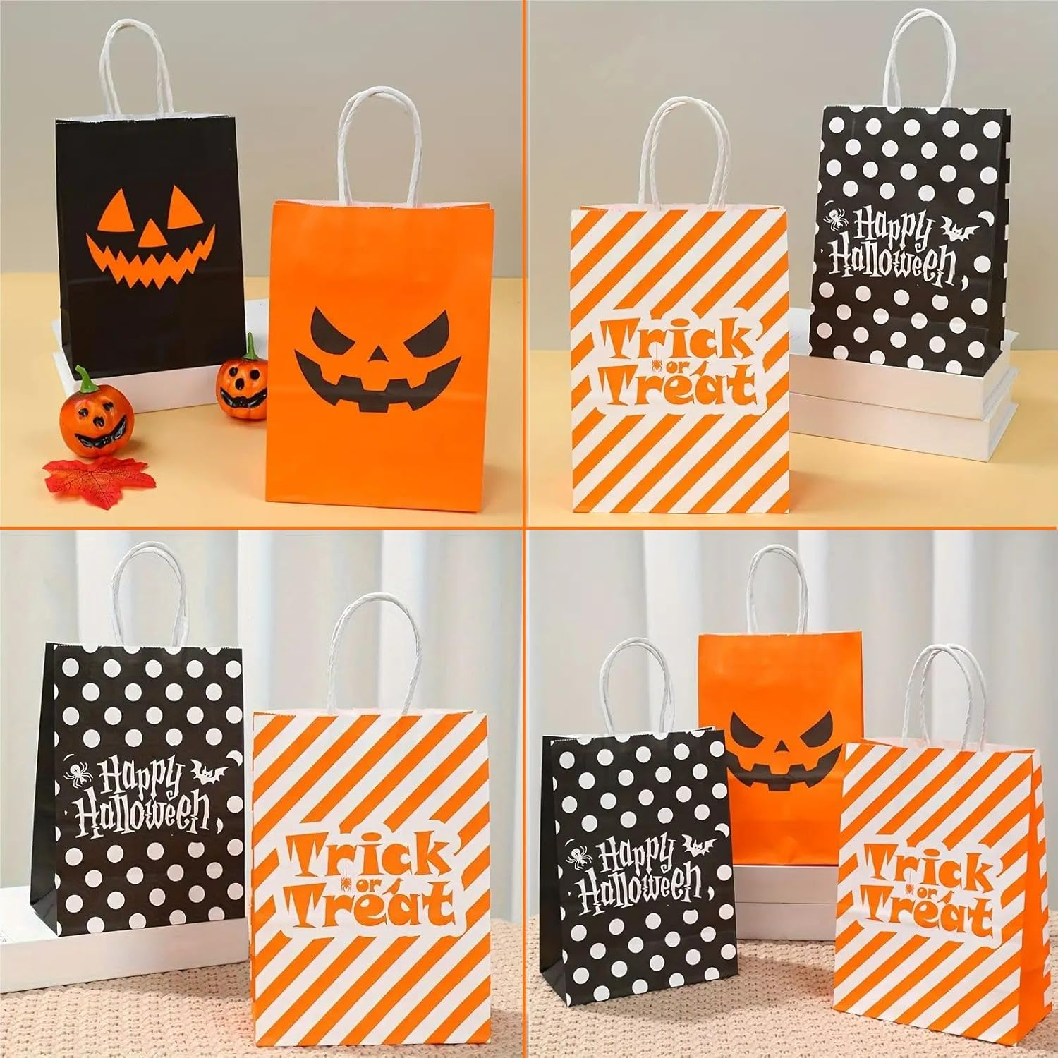 SYTHAK Halloween Kraft Paper Bags with Handles,24Pcs Jack O' Lantern Pumpkin Gift Bags Treat Candy Goodie Bags for Halloween Trick or Treat Party Supplies image number 5