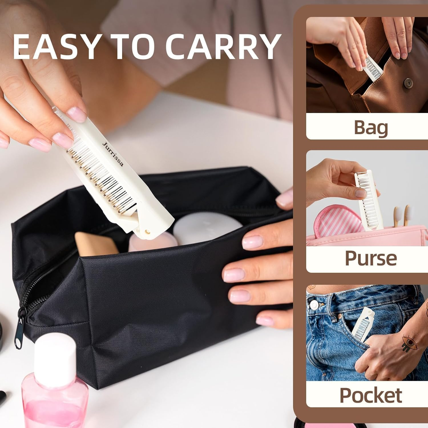 Foldable Comb, Pack of 2, Double-Sided Folding Combs in Black and White, Compact Travel Brush with Miniature Size for Handbag & Pocket - Universal Use as Beard Comb, Hair Brush & Bags image number 2