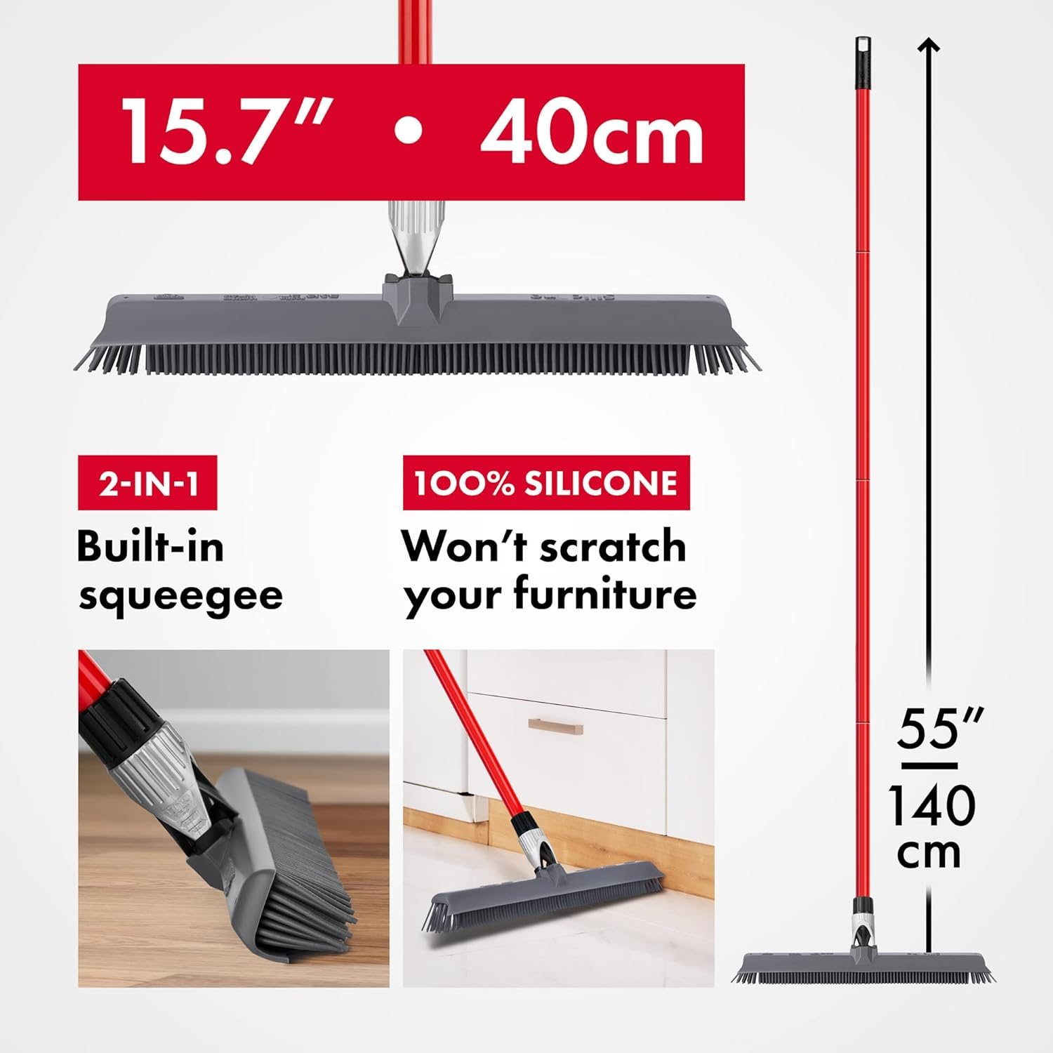 Tyroler Bright Tools Silicone Broom & Squeegee 40Cm - 100% Silicone, Long 4 Parts Handle 140 Cm, Best for Pet & Human Hair, Indoor, Outdoor, Carpets, Decks, Floor. Water Resistant & Washable