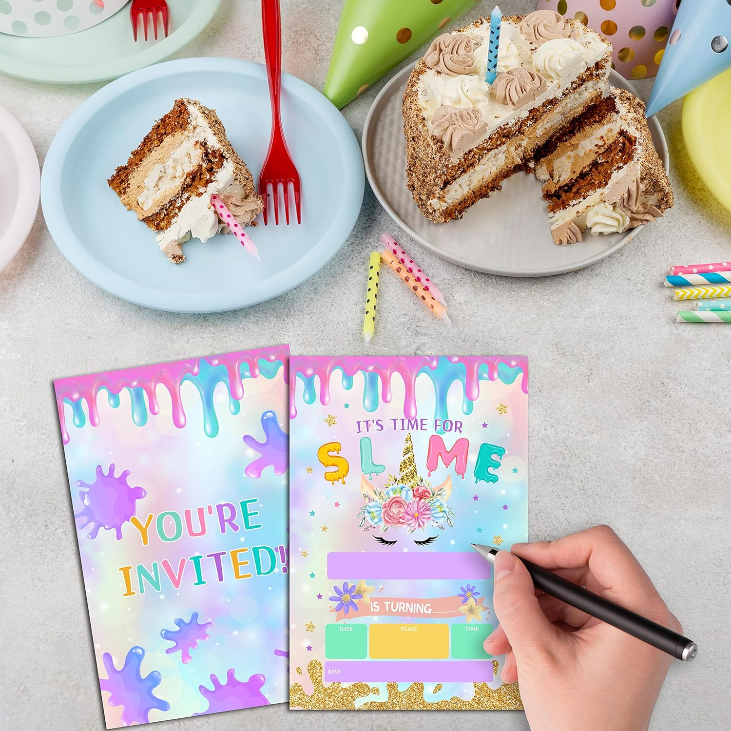 Ycyfckdr Slime Birthday Invitations for Kids, Magic Unicorn Birthday Party Invitation Cards, Gold Glitter Party Celebration Supplies Decoration -20 Fill in Invitations with Envelopes (B14) image number 2