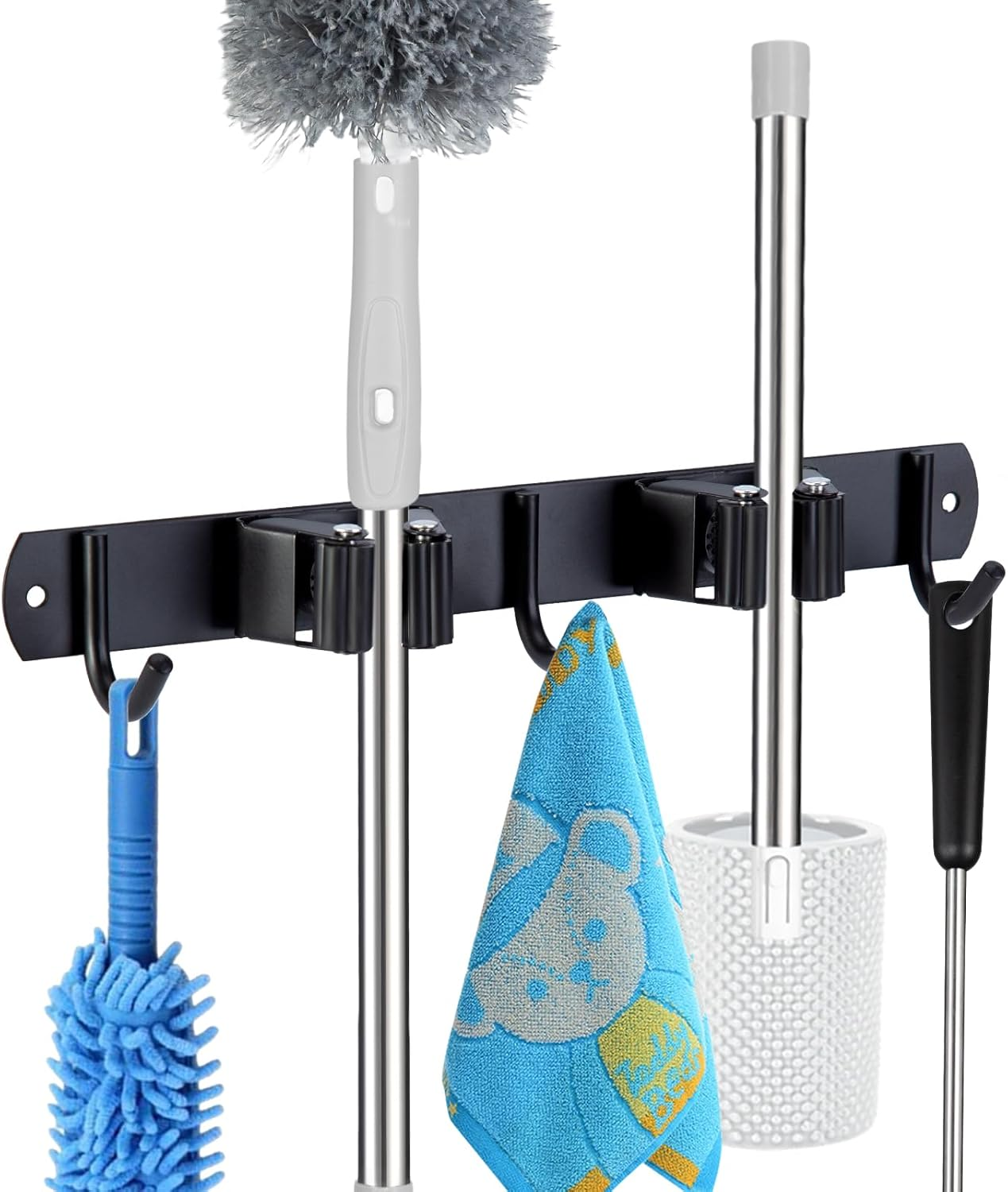 Voze 5 Racks and 4 Hooks Mop and Broom Holder Wall Mount, Self Adhesive Heavy Duty Broom Hanger Organizer Storage Tool Racks for Kitchen Garden Laundry Garage Black