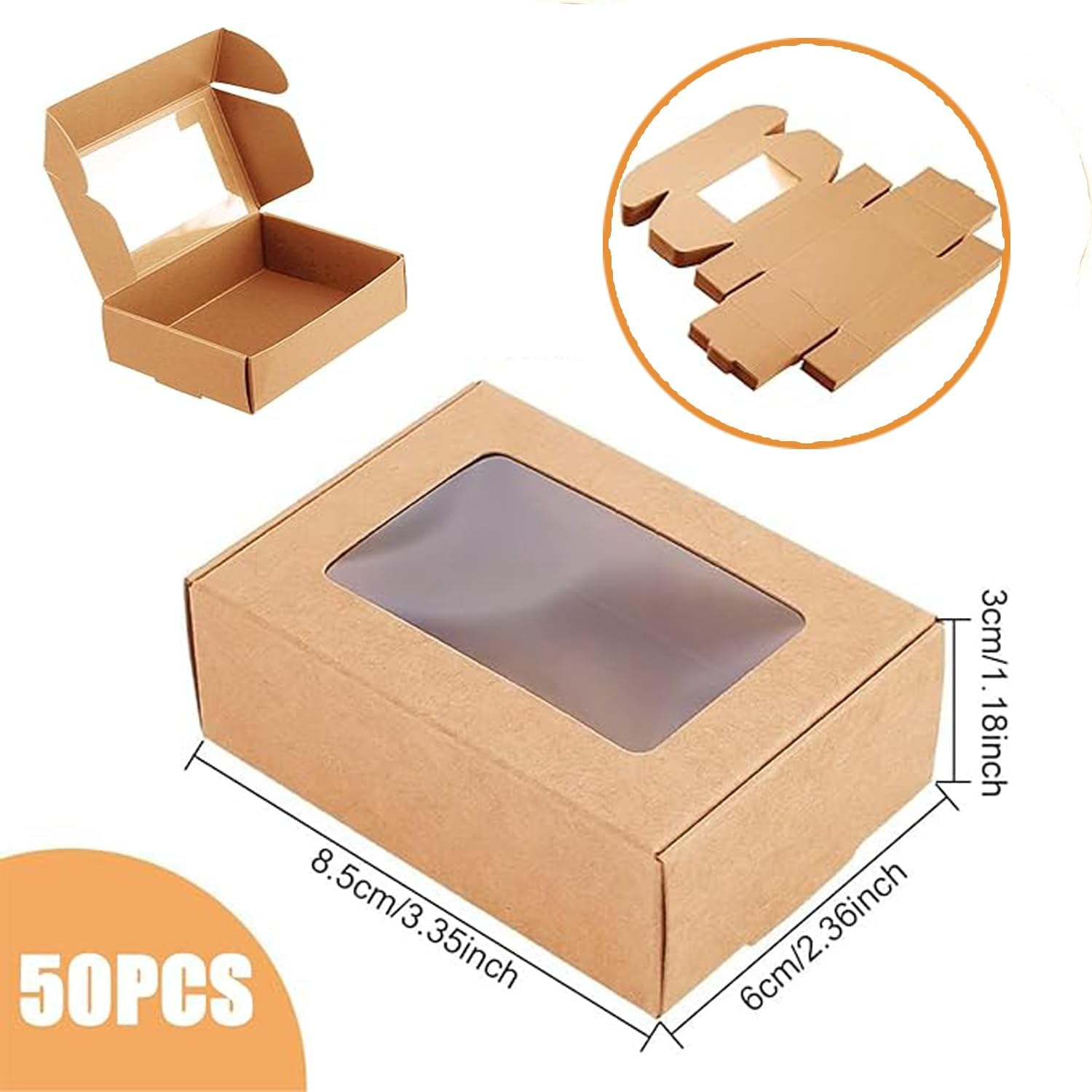 Lxcshljx 50Pcs Small Rectangle Kraft Paper Box with Transparent Windows - Brown Bakery, Treat Gift, Present Packaging for Candy, Chocolate, Jewelry image number 6