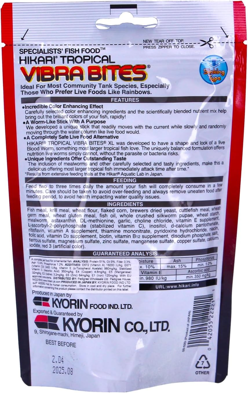Hikari Vibra Bites XL 125G Blood Worm like Stick Slow Sinking Fish Food for Colour image number 2