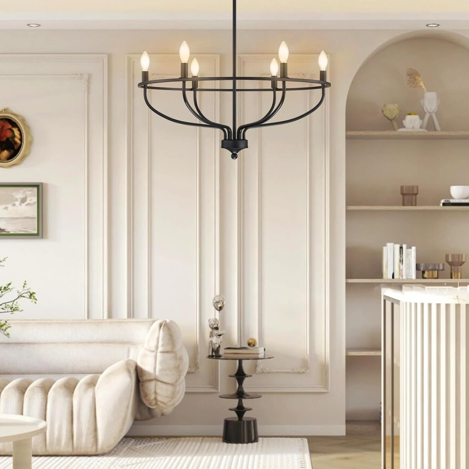 USOR 6-Light Black Chandelier Vintage Candle Farmhouse Iron Pendant Ceiling Light Fixture Wagon Wheel Chandelier over Table for Dining Room Living Room Kitchen D72.5Cmxh65Cm E14 Bulbs Included image number 6