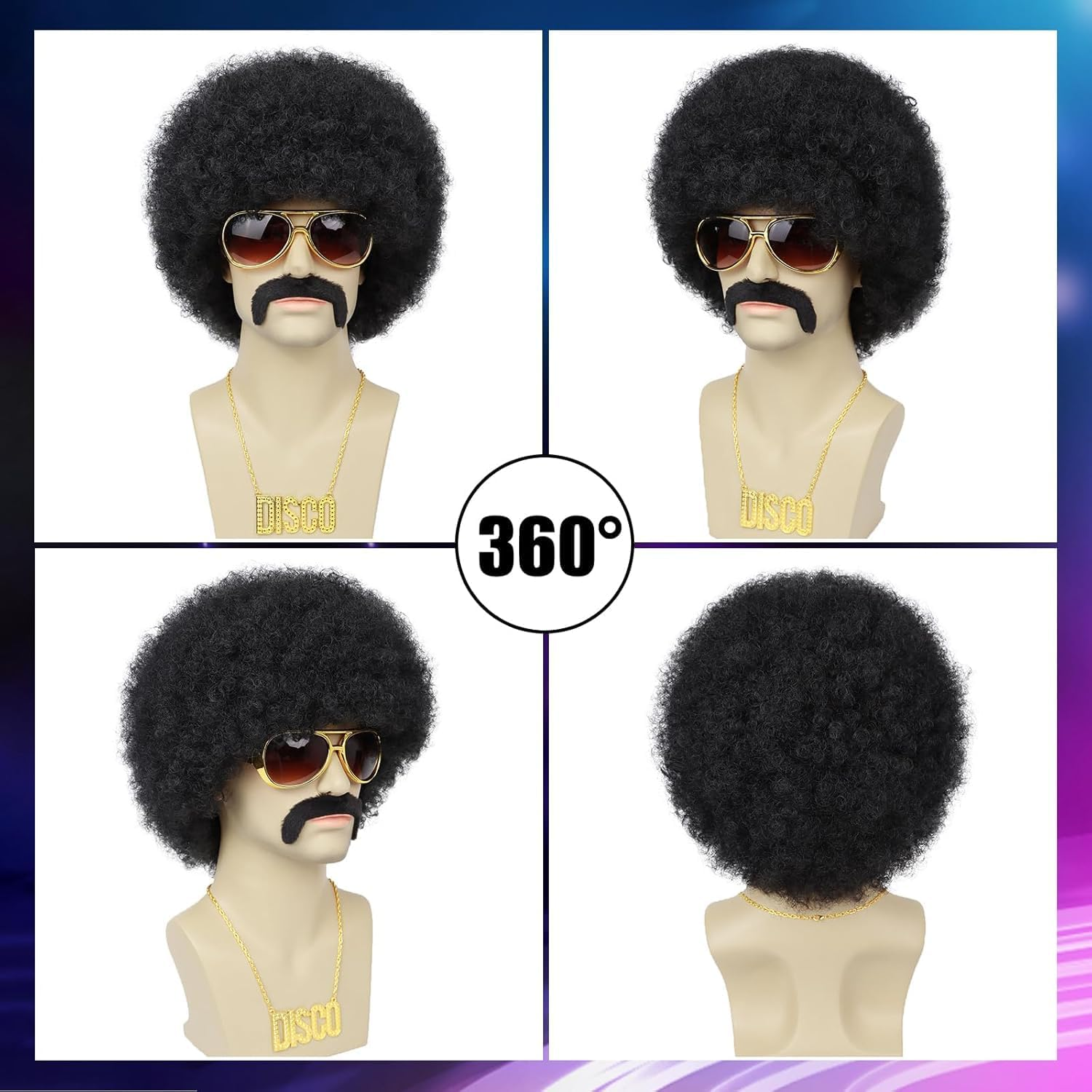 Mens Afro Wig Set for 70S Disco Party - 5Pcs (Glasses, Necklace, Mustache, Wig Cap) - Black