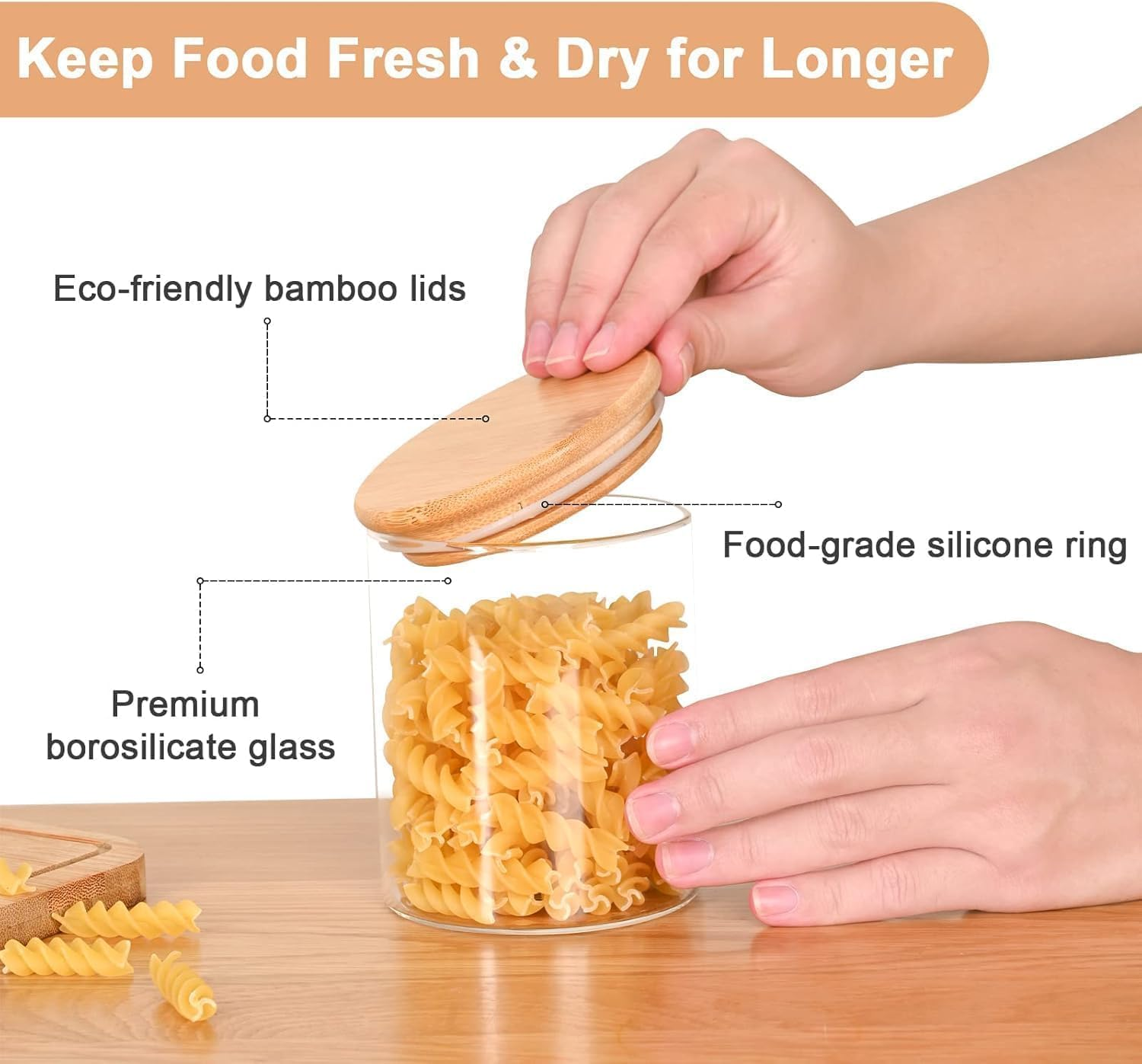 Homodoskey Glass Storage Jars 10 Pack -250ML Clear Glass Food Storage Containers with Airtight Bamboo Lid Stackable Kitchen Canisters for Candy, Cookie,Rice, Sugar, Flour, Nuts and Spice Jars image number 6