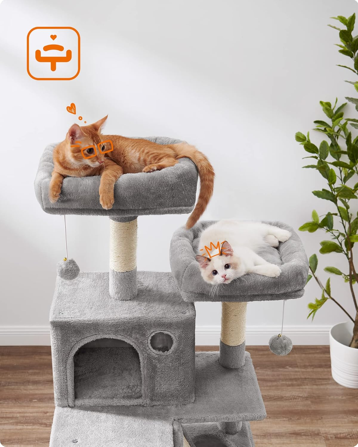 FEANDREA Cat Tree, 168 Cm Large Cat Tower with 13 Scratching Posts, 1 Scratching Ramp, 2 Perches, 2 Caves, Basket, Hammock, Pompoms, Multi-Level Plush Cat Condo for Indoor Cats, Light Grey image number 4